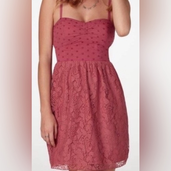 American Eagle Burnt Rose Pink Spaghetti Strap Swiss Dot Lace Bustier Dress XS - Picture 1 of 15